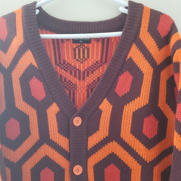 Men's Orange & Dark Brown Geometric Button-Up Sweater - Picture 4 of 13